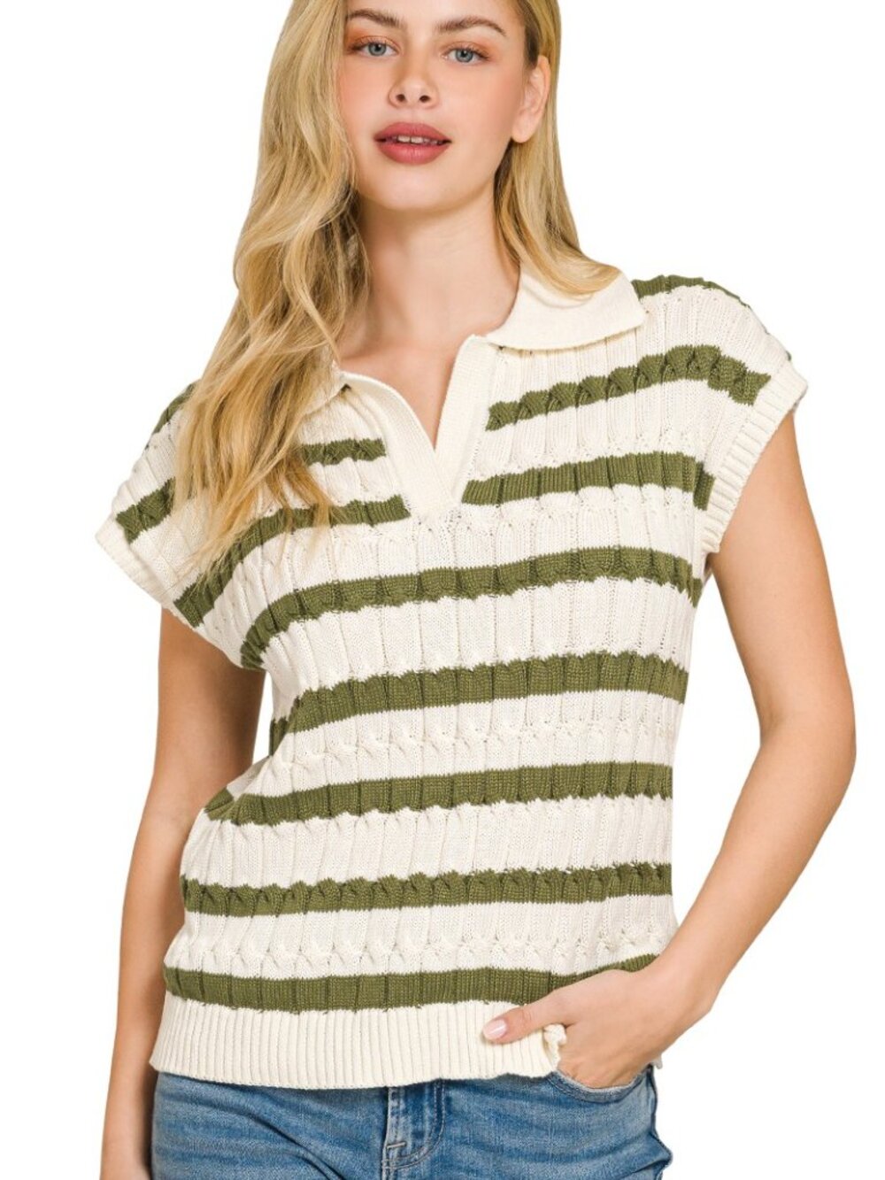 Zenana Textured Stripe Collared Sweater Vest